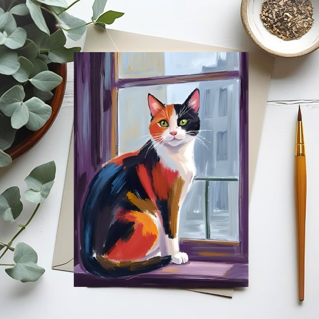 Cartão Postal Calico Cat | Watercolor Windowsill Pet (Criador carregado)
