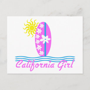Cartão Postal California Girl Pink Surfboard W/Sun