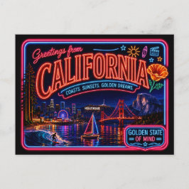 Cartão Postal Califórnia Neon Estado Retro Vintage