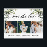 Cartão Postal Caligrafia 3 Foto Greenerescência Salvar Data<br><div class="desc">Manuscrito de Caligrafia Moderna Vias de Aquarela Verde 3 Foto Salva Data Anúncio do Noivado de Casamento Folhas de eucalipto,  folhagem botânica verde,  folhas azuis empoeiradas e outras lindas paisagens botânicas.</div>