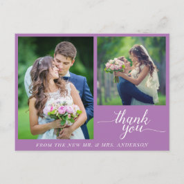 Cartão Postal Caligrafia 3 Fotos Casamento Obrigado Roxo