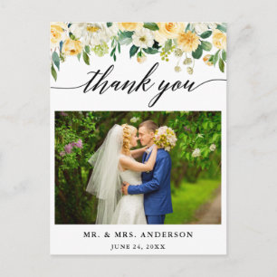 Cartão Postal Caligrafia Amarela Floral Casamento Foto Obrigado