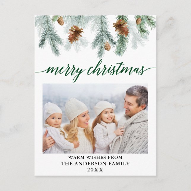 Cartão Postal Caligrafia Aquarela Pine Cones Natal Verde (Frente)