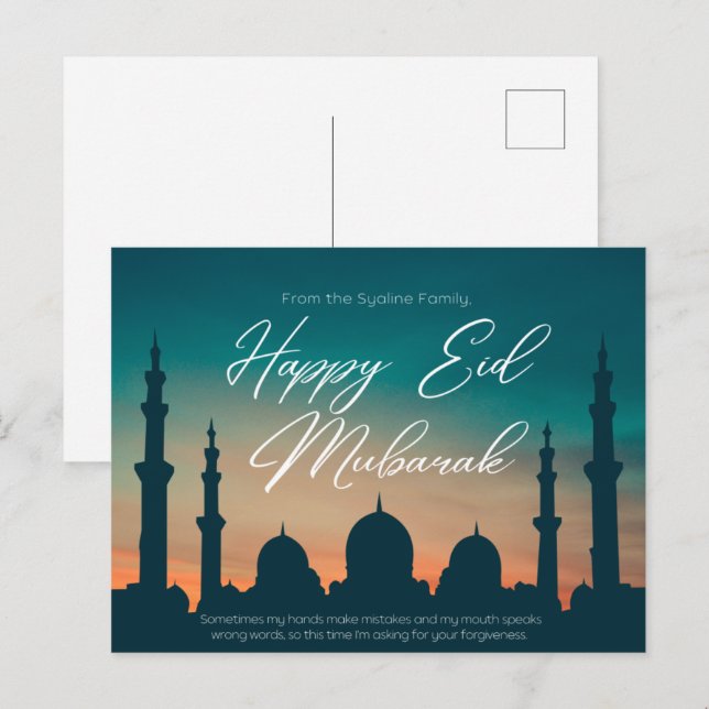 Cartão Postal Caligrafia arábica islâmica Eid mubarak kareem (Frente/Verso)