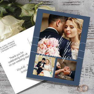 Cartão Postal Caligrafia Azul Empoeirado 3 Foto Casamento Obriga