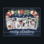 Cartão Postal Caligrafia Azul Madeira 3 Fotografia Watercolor Fl<br><div class="desc">Roteiro Elegante Moderno de Caligrafia,  Watercolor Winter Floral,  String Lights Casal 3 Foto Merry Christmas Postcard inclui poinsettias vermelhas com aquarela,  rosas brancas,  groselhas ocas,  cones de pínus e folhagem botânica verde. Madeira Azul Rústica Do País.</div>