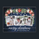 Cartão Postal Caligrafia Azul Madeira 3 Fotografia Watercolor Fl<br><div class="desc">Roteiro Elegante Moderno de Caligrafia,  Watercolor Winter Floral,  String Lights Casal 3 Foto Merry Christmas Postcard inclui poinsettias vermelhas com aquarela,  rosas brancas,  groselhas ocas,  cones de pínus e folhagem botânica verde. Madeira Azul Rústica Do País.</div>