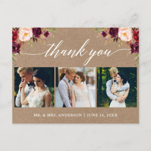 Cartão Postal Caligrafia Burgundy Casamento Foto Kraft Obrigado