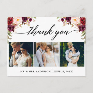Cartão Postal Caligrafia Burgundy Casamento Foto Obrigado
