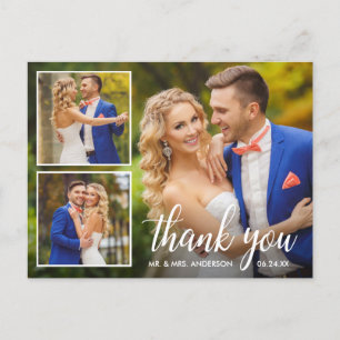 Cartão Postal Caligrafia Casamento 3 Colagem de Fotos Obrigado