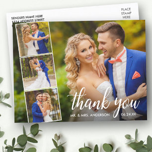 Cartão Postal Caligrafia Casamento 4 Colagem de Fotos Obrigado