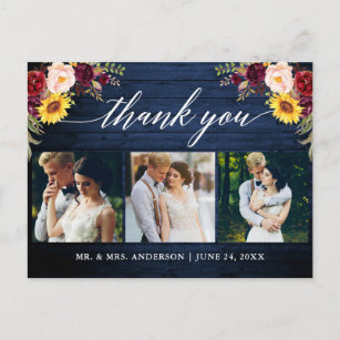 Cartão Postal Caligrafia Casamento Floral Madeira Azul Obrigado