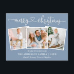 Cartão Postal Caligrafia Copo Natal 3 Foto Dusty Blue<br><div class="desc">Cartaz de Natal Feliz 3 Foto Feriado do Coração da Caligrafia Moderna - Azul Dusty</div>