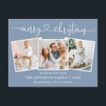 Cartão Postal Caligrafia Copo Natal 3 Foto Dusty Blue<br><div class="desc">Cartaz de Natal Feliz 3 Foto Feriado do Coração da Caligrafia Moderna - Azul Dusty</div>