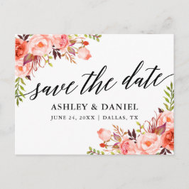 Cartão Postal Caligrafia Coral Floral Save The Date
