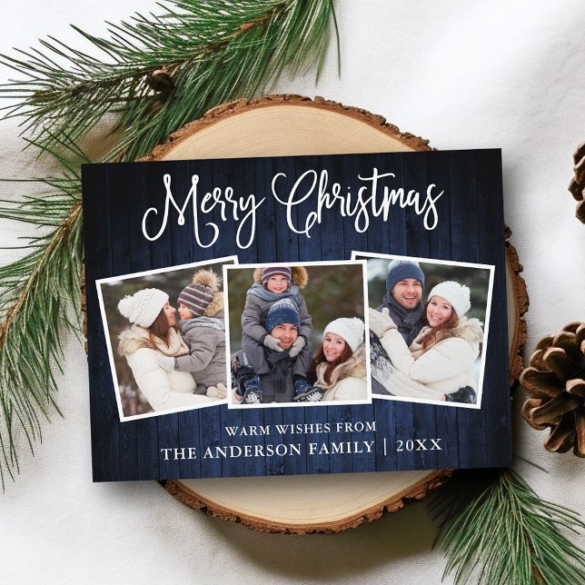 Cartão Postal Caligrafia de Natal Blue Wood 3 FotoPosto (Customize to change your personalized text size or text style.)