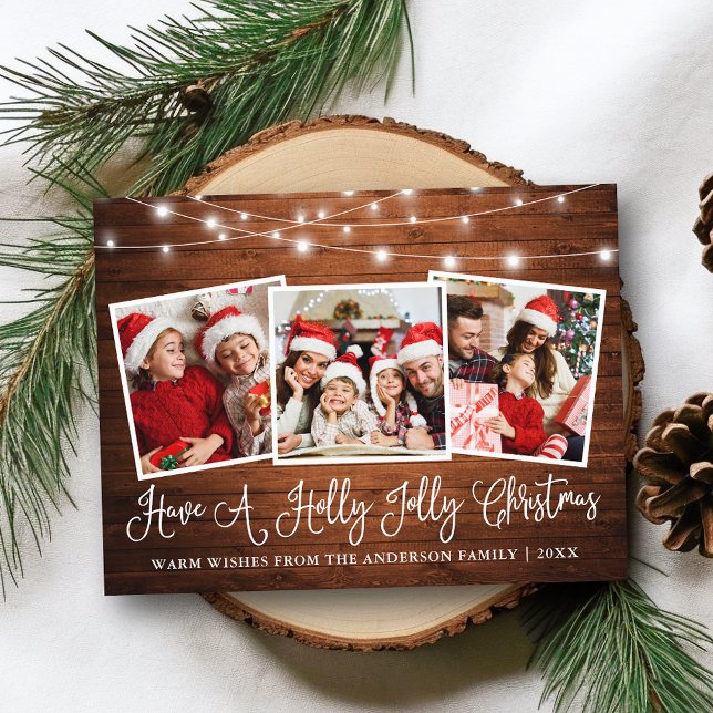 Cartão Postal Caligrafia divertida Holly Jolly Natal Wood Lights (Customize to change your personalized text size or text style.)