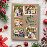 Cartão Postal Caligrafia Divertida Kraft Artesanato de Natal Ver<br><div class="desc">Moderno Diversão de Caligrafia Roteiro Verde Feliz Natal Kraft 5 Colagem de Fotos com Cartão-Postal de Fita de Artesanato</div>