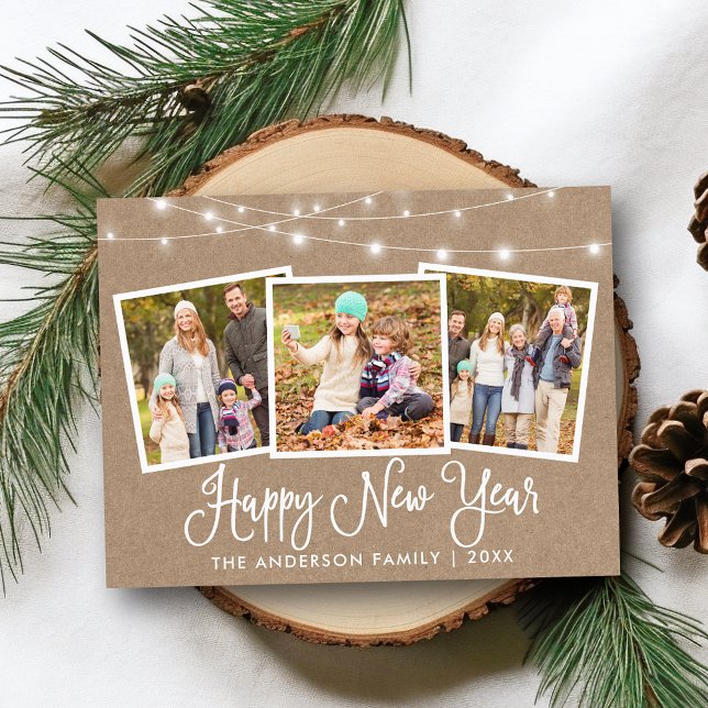 Cartão Postal Caligrafia Divertida Kraft Luz 3 Foto Ano Novo (Customize to change your personalized text size or text style.)