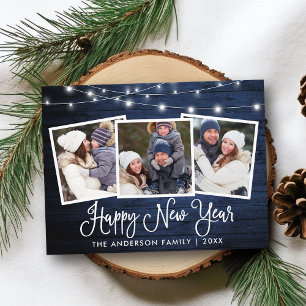 Cartão Postal Caligrafia divertida Luzes de madeira 3 Feliz ano