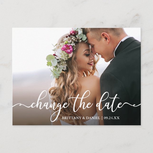 Cartão Postal Caligrafia Elegante Alterar a Data Nova Data (Frente)