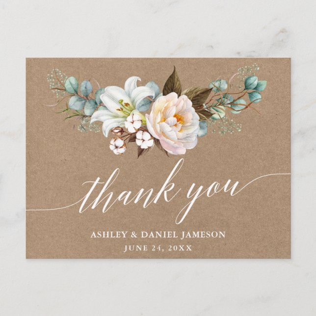 Cartão Postal Caligrafia Floral Botânica Casamento Kraft Obrigad (Frente)
