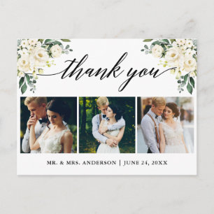 Cartão Postal Caligrafia Floral Branco Agradecimento de Casament