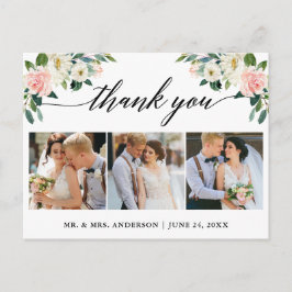 Cartão Postal Caligrafia Floral Rosa 3 Foto Obrigado Casamento