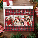 Cartão Postal Caligrafia Heart Christmas 3 Photo Red Xadrez<br><div class="desc">Cartaz de Natal Feliz 3 Feriado do Coração da Caligrafia Moderna - Xadrez de Buffalo Vermelho</div>