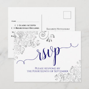 Cartão Postal Caligrafia Lacy Azul Naval em Branco RSVP de Casam