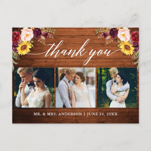 Cartão Postal Caligrafia Mista Floral Casamento Madeira Obrigado