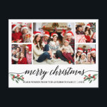 Cartão Postal Caligrafia Moderna 5 Família Fotográfica Feliz Nat<br><div class="desc">O Cartão-postal de Natal Merry - Colagem Fotográfica da Família Fotográfica do Script de Caligrafia Moderno 5 inclui Watercolor Christmas Holly Berries</div>