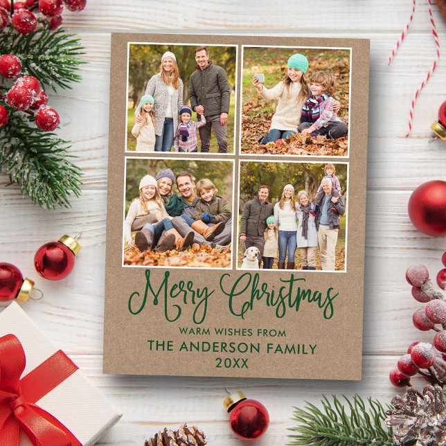 Cartão Postal Caligrafia Moderna Divertida Natal Kraft 4 Foto (Customize to change your personalized text size or text style.)