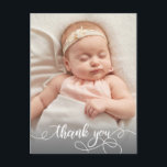 Cartão Postal Caligrafia moderna Foto do bebê recém-nascido Obri<br><div class="desc">Elegante Chic Modern Calliografia Script Foto De Bebê Recém-Nascido Obrigado Cartão-Postal. Apresenta um belo texto "obrigado" em um script de caligrafia com letras maiúsculas e minúsculas em preto e branco. No verso, uma mensagem pessoal pré-feita. Excelente para bebê ou menina. Fácil de personalizar com sua foto de bebê e detalhes....</div>