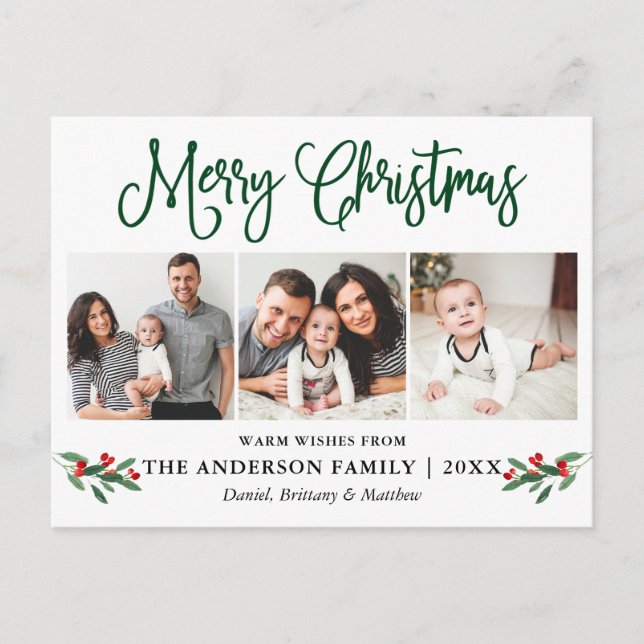 Cartão Postal Caligrafia moderna Holly 3 Foto de Natal (Frente)