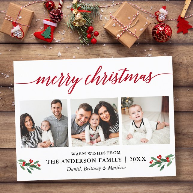 Cartão Postal Caligrafia Moderna Holly Red Natal 3 Foto (Customize to change your personalized text size or text style.)