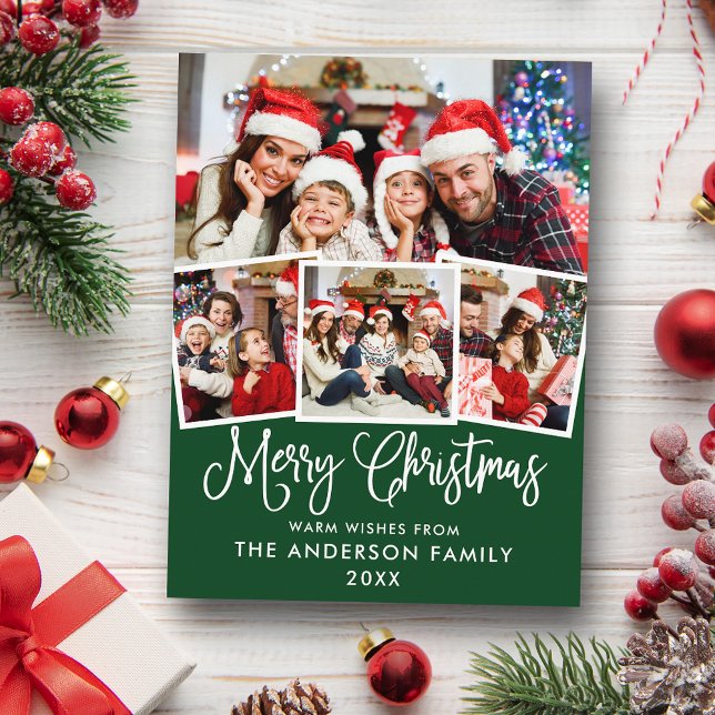 Cartão Postal Caligrafia moderna Natal 4 Foto Verde (Customize to change your personalized text size or text style.)