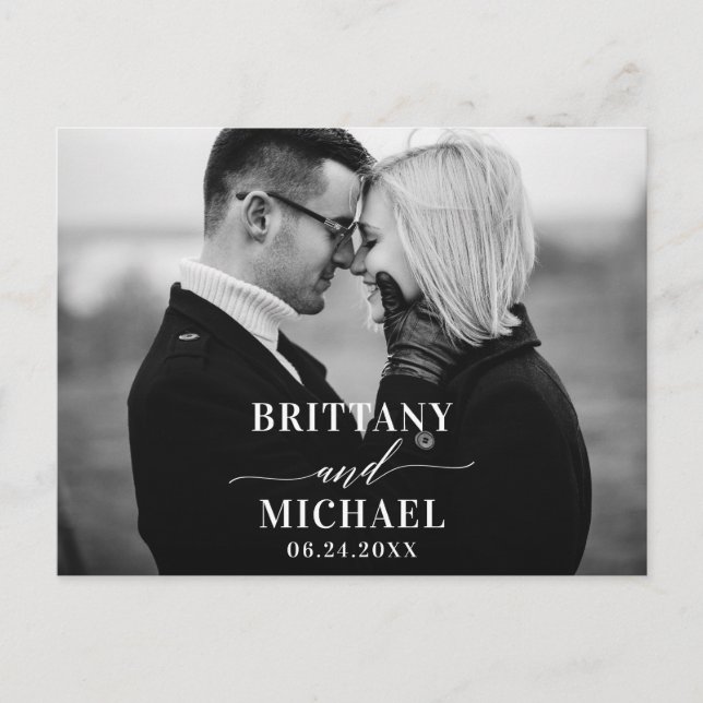 Cartão Postal Caligrafia moderna salva a data preto e branco (Frente)