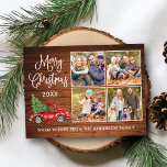 Cartão Postal Caligrafia Natal Caminhão Antigo Madeira 4 Foto<br><div class="desc">Moderno Divertido Caligrafia Script Feliz Natal 4 Foto Cartão de Natal - Caminhão Vermelho Aquarela Antigo com Árvore de Natal em Madeira Rústica Country</div>