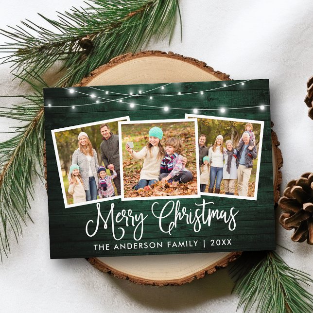 Cartão Postal Caligrafia Natal Green Wood Lights 3 Foto (Customize to change your personalized text size or text style.)