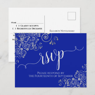 Cartão Postal Caligrafia Renda Prata Azul Real Casamento RSVP