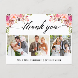 Cartão Postal Caligrafia Rosa Floral Casamento 3 Foto Obrigado