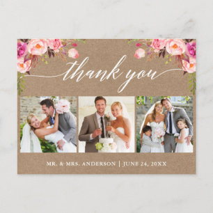 Cartão Postal Caligrafia Rosa Floral Casamento Agradecer Kraft