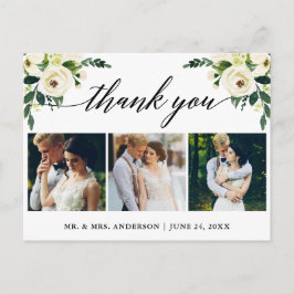 Cartão Postal Caligrafia Verde Floral Casamento Foto Obrigado