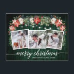 Cartão Postal Caligrafia Verde Madeira 3 Foto Watercolor Floral<br><div class="desc">Roteiro Elegante Moderno de Caligrafia,  Watercolor Winter Floral,  String Lights Casal 3 Foto Cartão-postal de Natal Merry inclui poinsetos vermelhos com aquarelas,  rosas brancas,  groselhas ocas,  cones de pinheiro e folhagem botânica. Madeira Verde Rustic Country.</div>