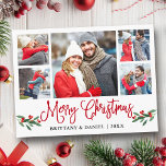 Cartão Postal Caligrafia Vermelha Holly 5 Casal de fotos Natal<br><div class="desc">Manuscrito de Caligrafia Moderna - Colagem de Fotografias com Casal 5 O Cartão-Postal de Natal Merry inclui Watercolor Christmas Holly Berries - Script Vermelho</div>