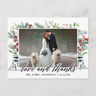 Cartão Postal Caligrafia Winter Greenery Love Obrigados Casament