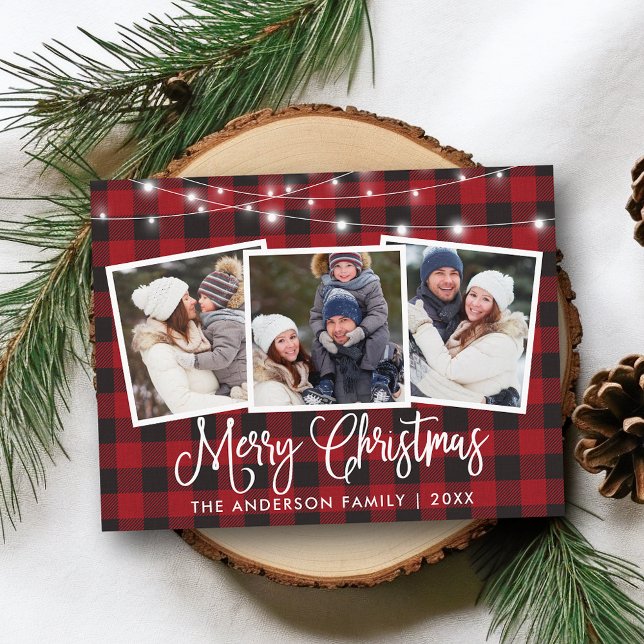 Cartão Postal Caligrafia Xadrez de Natal String Luzes 3 Foto (Customize to change your personalized text size or text style.)