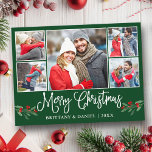 Cartão Postal Calligrafia Holly 5 Foto Casal Natal Verde<br><div class="desc">Manuscrito de Caligrafia Moderna - Colagem de Fotografias do Casal 5 O Cartão de Feliz Natal inclui Watercolor Christmas Holly Berries - Fundo Verde Florestal</div>