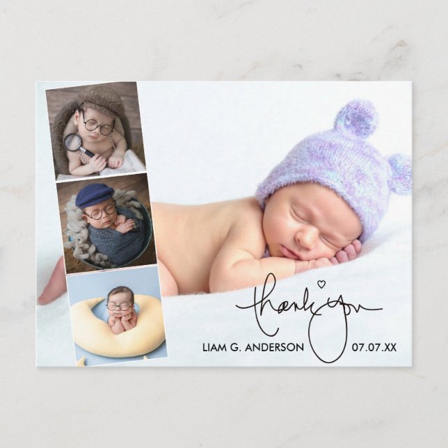 Cartão Postal Calligraphy Newborn Baby 4 Photo Thank You (Frente)